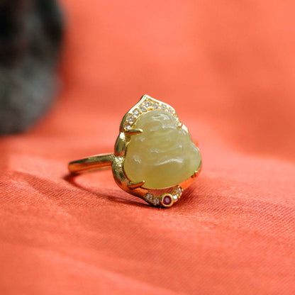 Mythstone Natural Hetian Jade Egg Gourd Copper Laughing Buddha Open Luck Ring