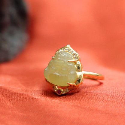 Mythstone Natural Hetian Jade Egg Gourd Copper Laughing Buddha Open Luck Ring