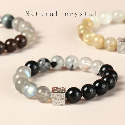 Mythstone Black Obsidian Black Rutilated Quartz Moonstone Cube Strength Bracelet