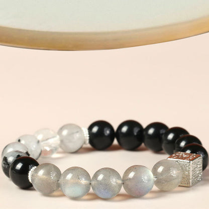 Mythstone Black Obsidian Black Rutilated Quartz Moonstone Cube Strength Bracelet