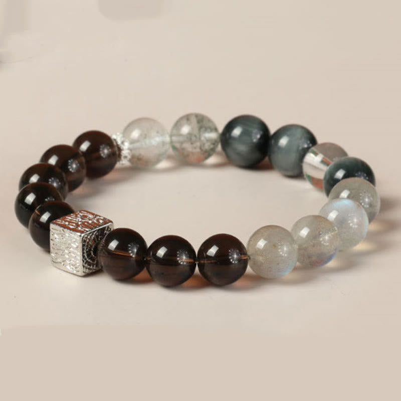 Mythstone Black Obsidian Black Rutilated Quartz Moonstone Cube Strength Bracelet