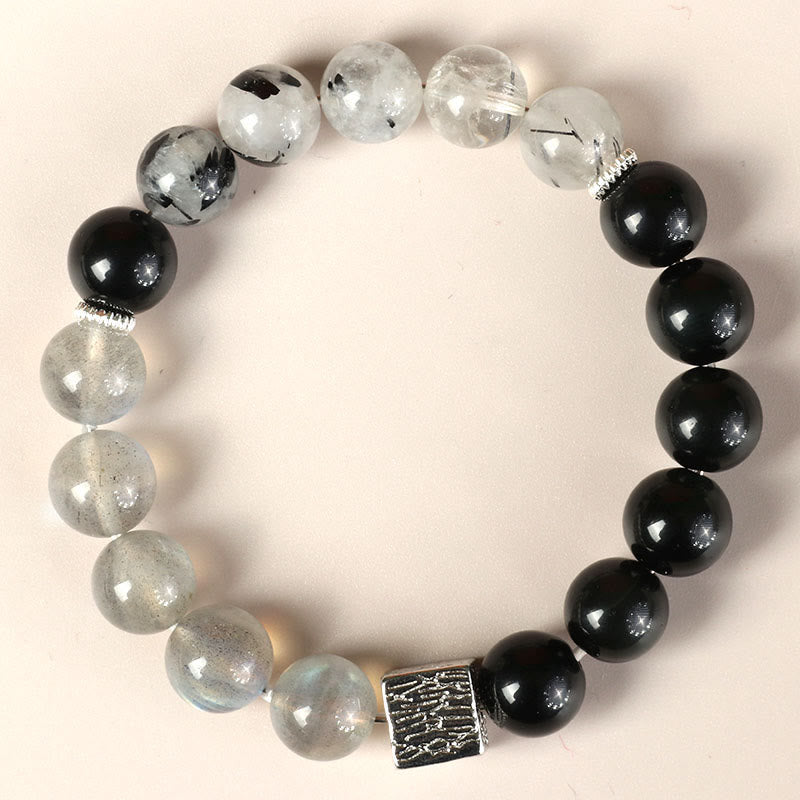 Mythstone Black Obsidian Black Rutilated Quartz Moonstone Cube Strength Bracelet