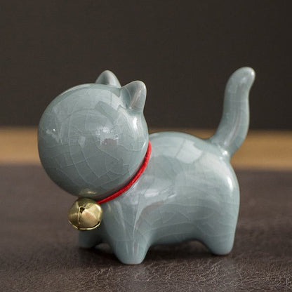 Mythstone Mini Cute Lucky Bell Cat Tea Pet Ceramic Home Desk Figurine Decoration