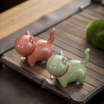 Mythstone Mini Cute Lucky Bell Cat Tea Pet Ceramic Home Desk Figurine Decoration