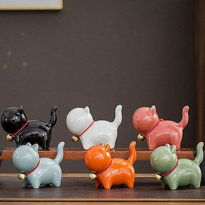 Mythstone Mini Cute Lucky Bell Cat Tea Pet Ceramic Home Desk Figurine Decoration