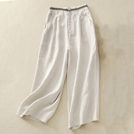 Mythstone Solid Color Front Button Back Elastic Cotton Linen Women's Pants With Pockets