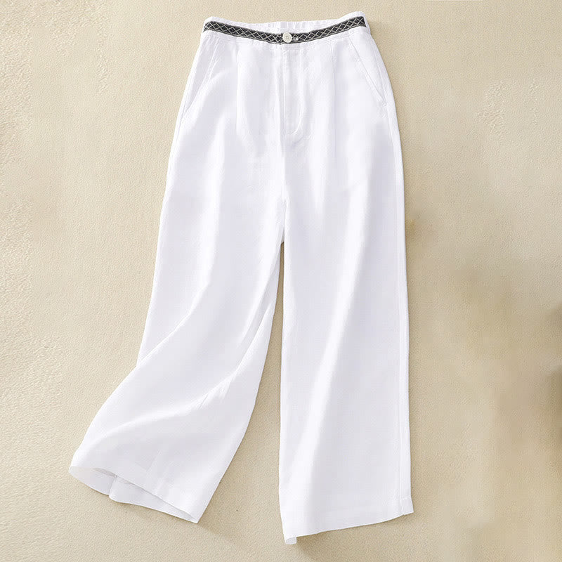 Mythstone Solid Color Front Button Back Elastic Cotton Linen Women's Pants With Pockets