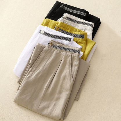 Mythstone Solid Color Front Button Back Elastic Cotton Linen Women's Pants With Pockets