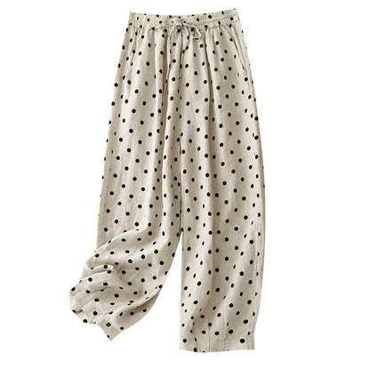 Mythstone Casual Black Polka Dots Drawstring Cotton Linen Women's Pants With Pockets