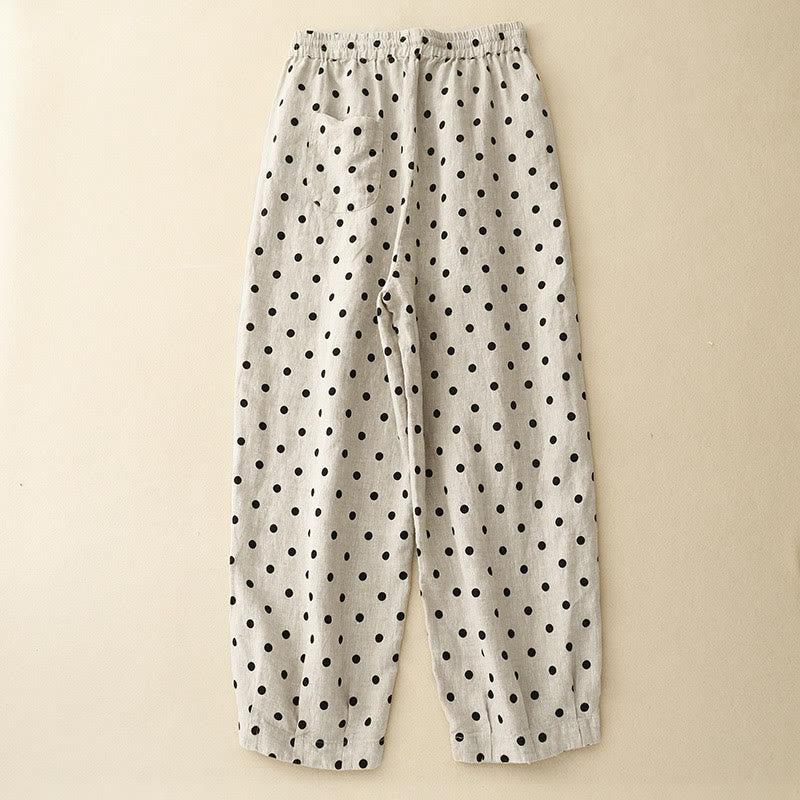 Mythstone Casual Black Polka Dots Drawstring Cotton Linen Women's Pants With Pockets