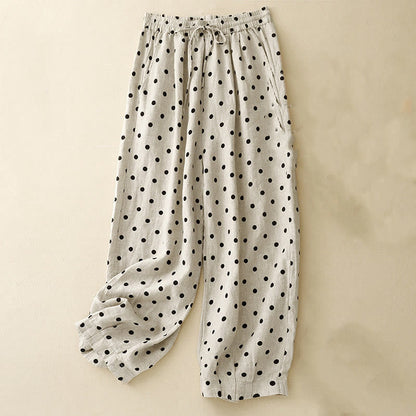 Mythstone Casual Black Polka Dots Drawstring Cotton Linen Women's Pants With Pockets