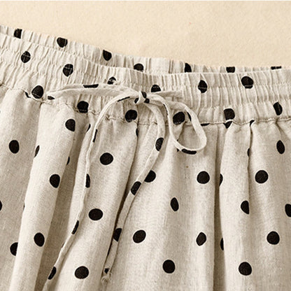 Mythstone Casual Black Polka Dots Drawstring Cotton Linen Women's Pants With Pockets