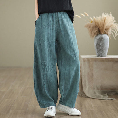 Mythstone Plain Color Wrinkled Design Elastic Waistband Cotton Linen Women's Pants With Pockets