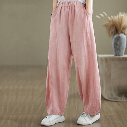 Mythstone Plain Color Wrinkled Design Elastic Waistband Cotton Linen Women's Pants With Pockets