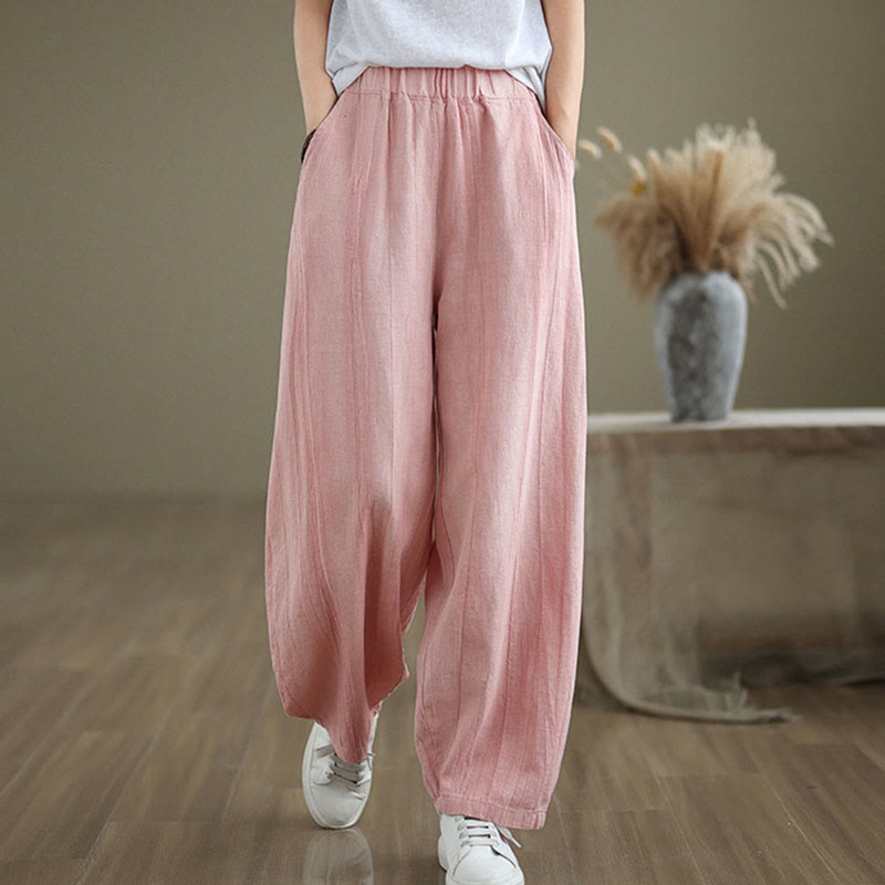 Mythstone Plain Color Wrinkled Design Elastic Waistband Cotton Linen Women's Pants With Pockets