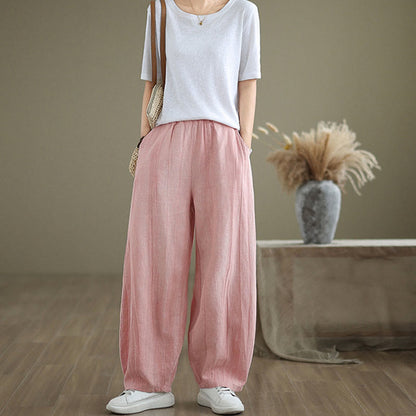 Mythstone Plain Color Wrinkled Design Elastic Waistband Cotton Linen Women's Pants With Pockets