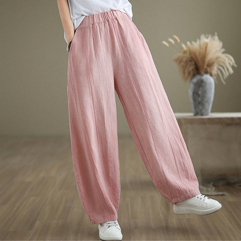 Mythstone Plain Color Wrinkled Design Elastic Waistband Cotton Linen Women's Pants With Pockets