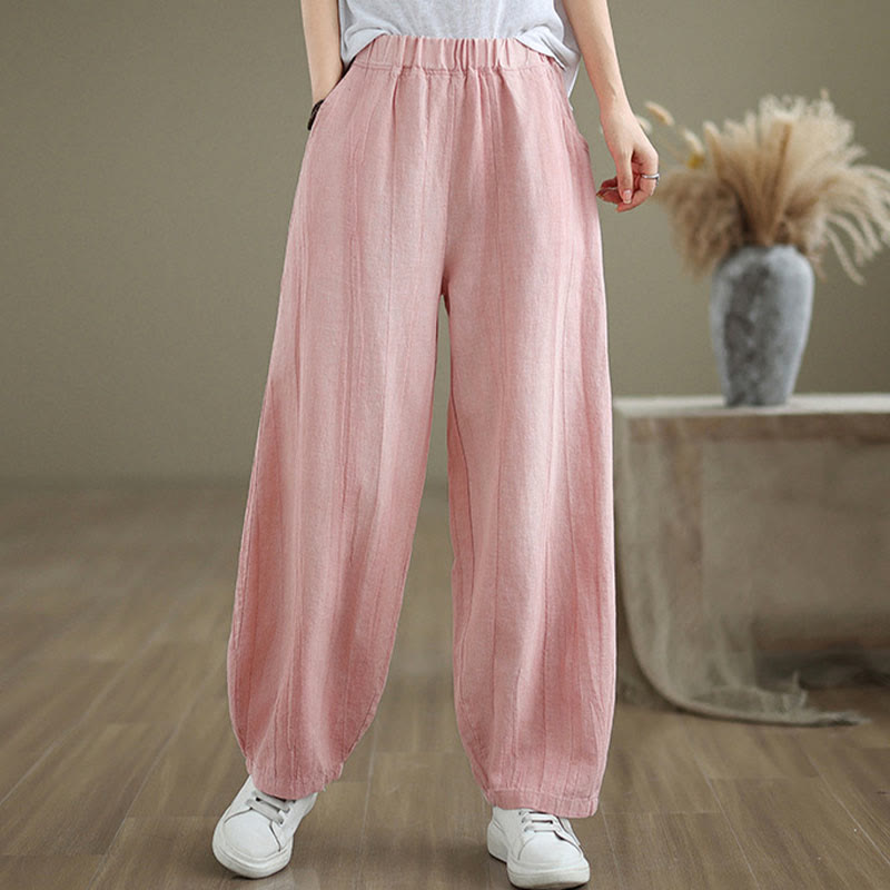 Mythstone Plain Color Wrinkled Design Elastic Waistband Cotton Linen Women's Pants With Pockets