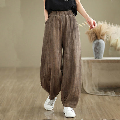 Mythstone Plain Color Wrinkled Design Elastic Waistband Cotton Linen Women's Pants With Pockets