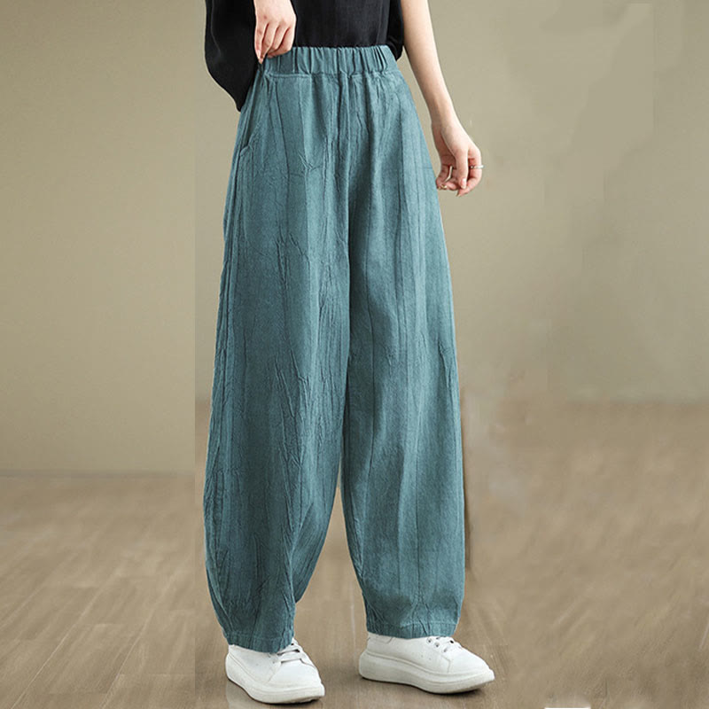 Mythstone Plain Color Wrinkled Design Elastic Waistband Cotton Linen Women's Pants With Pockets