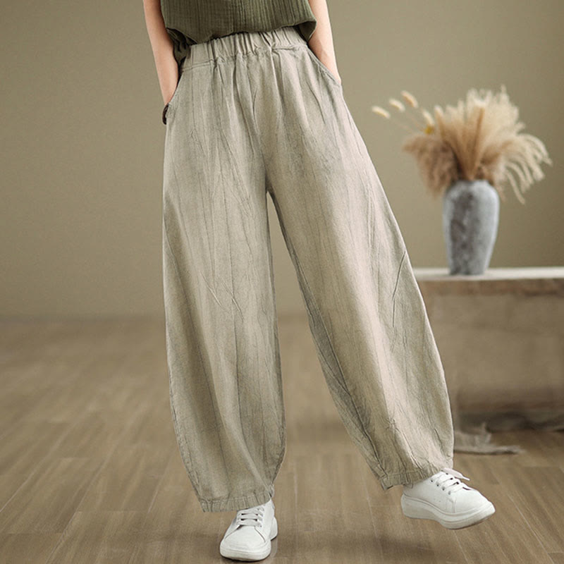 Mythstone Plain Color Wrinkled Design Elastic Waistband Cotton Linen Women's Pants With Pockets