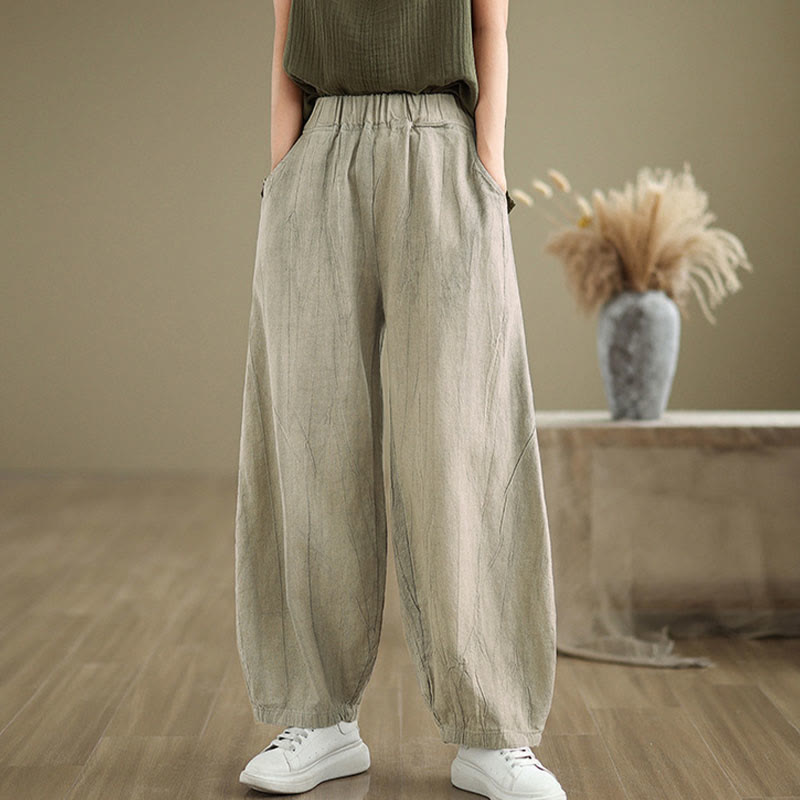 Mythstone Plain Color Wrinkled Design Elastic Waistband Cotton Linen Women's Pants With Pockets