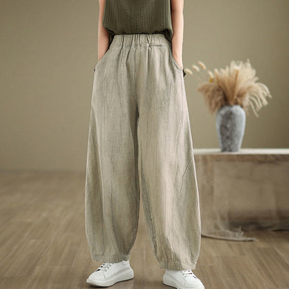 Mythstone Plain Color Wrinkled Design Elastic Waistband Cotton Linen Women's Pants With Pockets