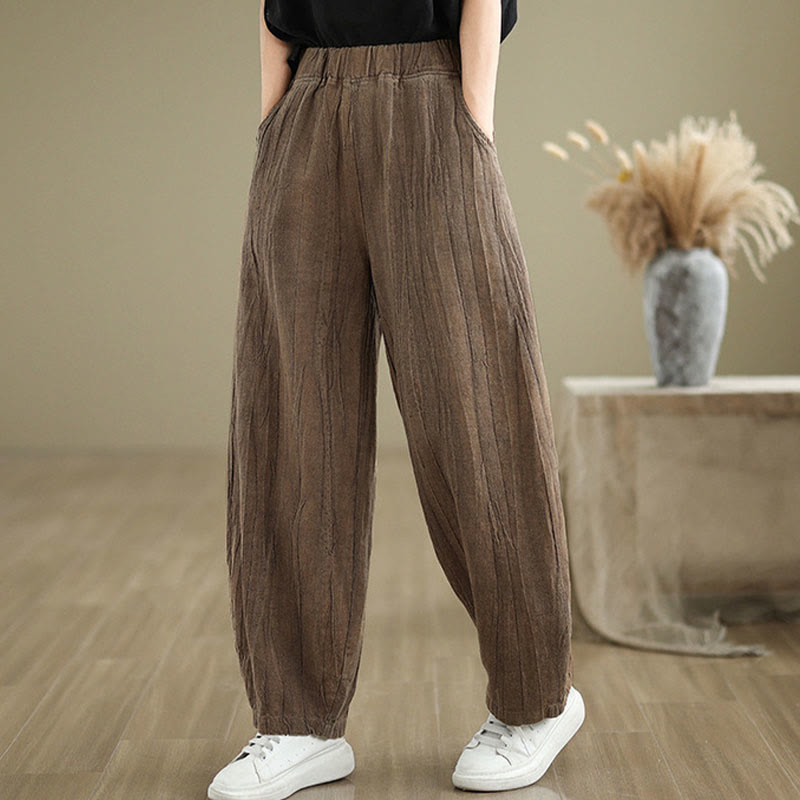 Mythstone Plain Color Wrinkled Design Elastic Waistband Cotton Linen Women's Pants With Pockets