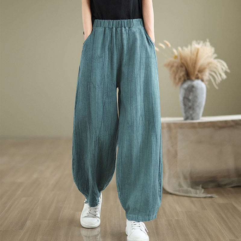 Mythstone Plain Color Wrinkled Design Elastic Waistband Cotton Linen Women's Pants With Pockets