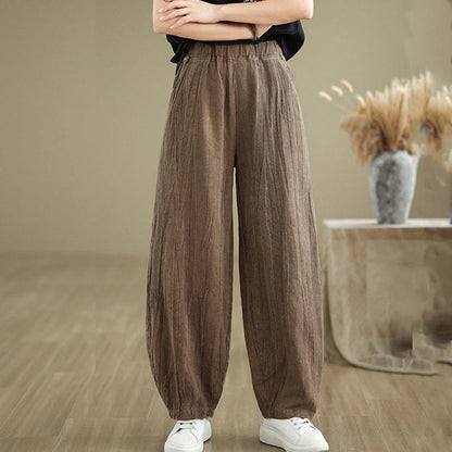 Mythstone Plain Color Wrinkled Design Elastic Waistband Cotton Linen Women's Pants With Pockets