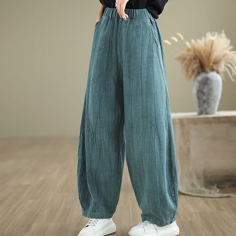 Mythstone Plain Color Wrinkled Design Elastic Waistband Cotton Linen Women's Pants With Pockets