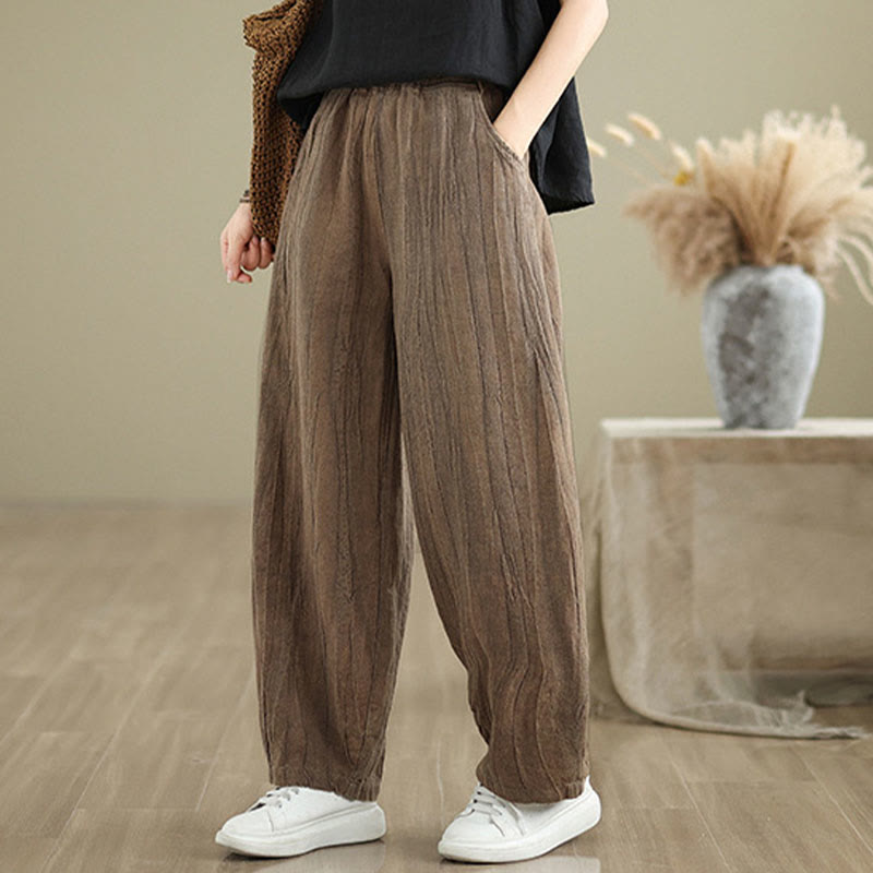 Mythstone Plain Color Wrinkled Design Elastic Waistband Cotton Linen Women's Pants With Pockets