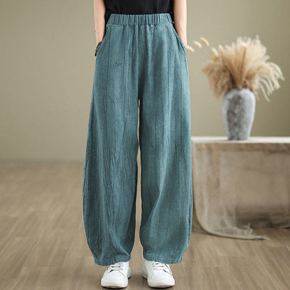 Mythstone Plain Color Wrinkled Design Elastic Waistband Cotton Linen Women's Pants With Pockets