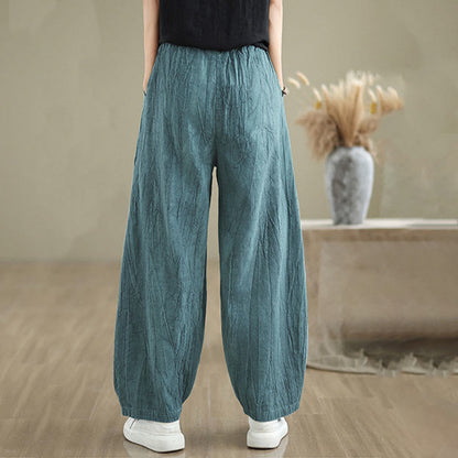 Mythstone Plain Color Wrinkled Design Elastic Waistband Cotton Linen Women's Pants With Pockets