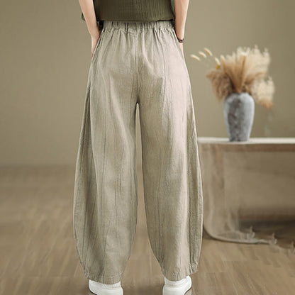 Mythstone Plain Color Wrinkled Design Elastic Waistband Cotton Linen Women's Pants With Pockets