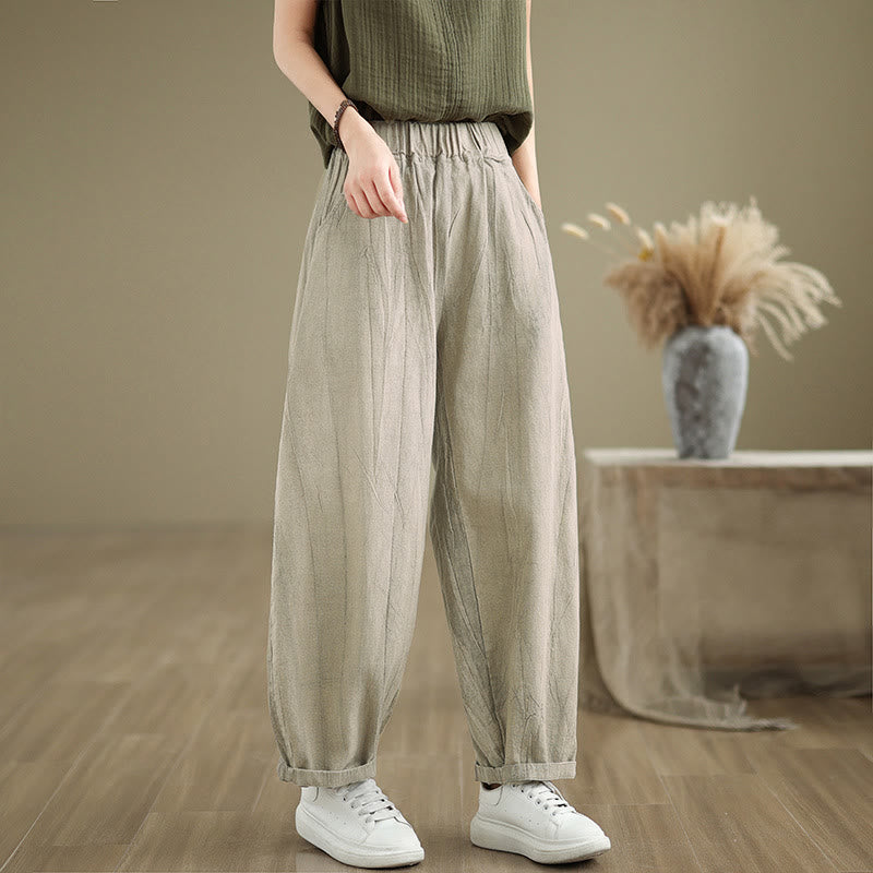 Mythstone Plain Color Wrinkled Design Elastic Waistband Cotton Linen Women's Pants With Pockets