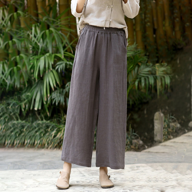 Mythstone Casual Plain Solid Color Elastic Linen Women's Pants With Pockets