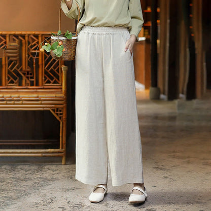 Mythstone Casual Plain Solid Color Elastic Linen Women's Pants With Pockets