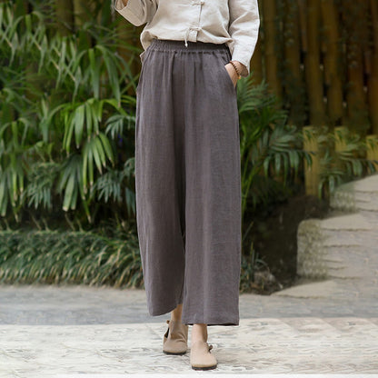 Mythstone Casual Plain Solid Color Elastic Linen Women's Pants With Pockets