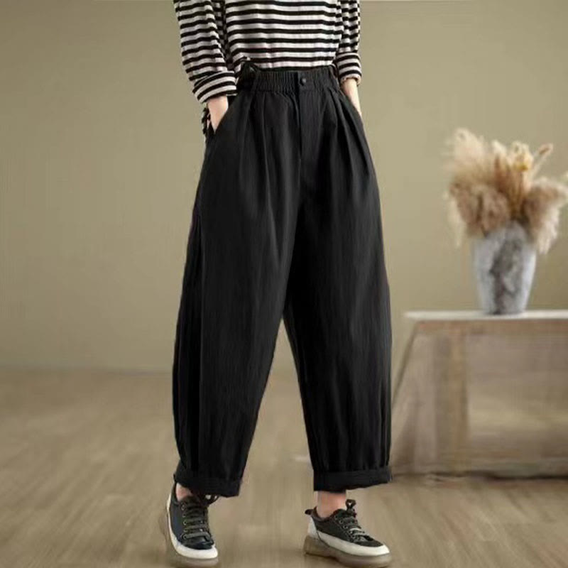 Mythstone Casual Solid Color One Top Button Elastic Waistband Cotton Linen Women's Pants With Pockets