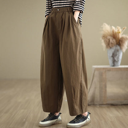 Mythstone Casual Solid Color One Top Button Elastic Waistband Cotton Linen Women's Pants With Pockets