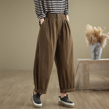 Mythstone Casual Solid Color One Top Button Elastic Waistband Cotton Linen Women's Pants With Pockets