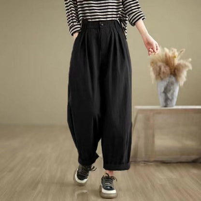 Mythstone Casual Solid Color One Top Button Elastic Waistband Cotton Linen Women's Pants With Pockets