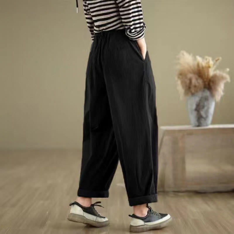 Mythstone Casual Solid Color One Top Button Elastic Waistband Cotton Linen Women's Pants With Pockets