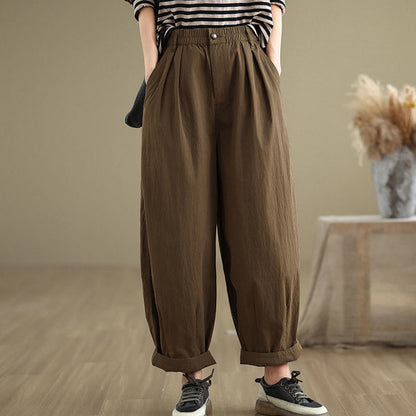 Mythstone Casual Solid Color One Top Button Elastic Waistband Cotton Linen Women's Pants With Pockets