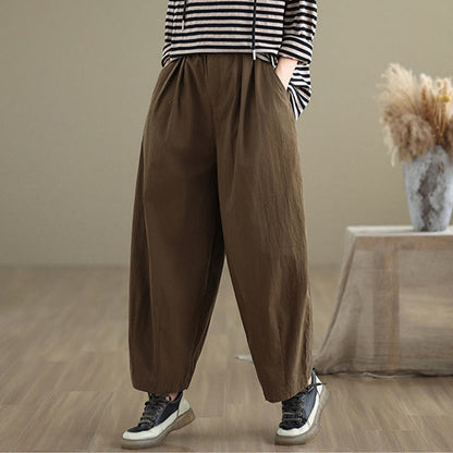 Mythstone Casual Solid Color One Top Button Elastic Waistband Cotton Linen Women's Pants With Pockets