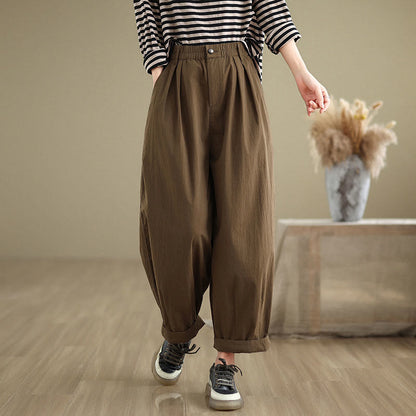 Mythstone Casual Solid Color One Top Button Elastic Waistband Cotton Linen Women's Pants With Pockets