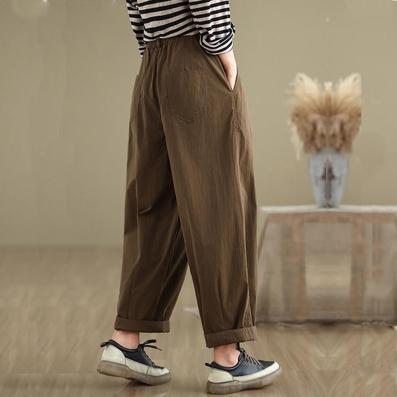 Mythstone Casual Solid Color One Top Button Elastic Waistband Cotton Linen Women's Pants With Pockets