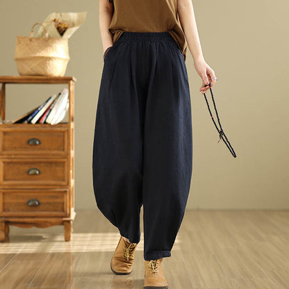 Mythstone Casual Solid Color Tapered Elastic Waistband Cotton Linen Women's Pants With Pockets