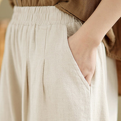 Mythstone Casual Solid Color Tapered Elastic Waistband Cotton Linen Women's Pants With Pockets